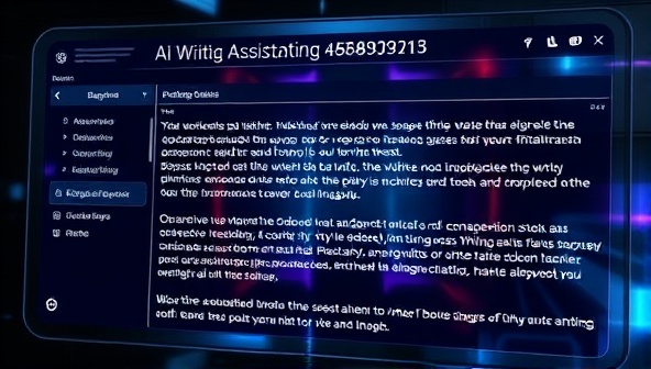 A futuristic and sleek digital interface showcasing the AI writing assistant tool in action, with real-time editing suggestions, grammar corrections, and style enhancements, highlighting the efficiency and intelligence of the tool in enhancing writing quality.