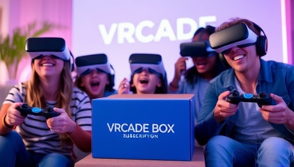 An exciting visual of a family immersed in virtual reality gameplay at home, wearing VR headsets and holding controllers, with a VRcade Box prominently displayed in the background, showcasing the fun and futuristic aspects of the subscription service.