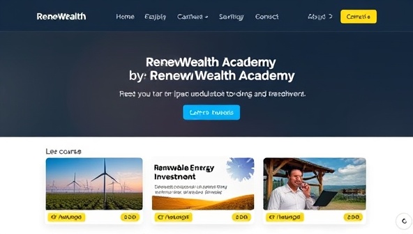 An online learning platform interface displaying course modules on renewable energy investment, sustainable finance, and impact investing, with engaging visuals and interactive features to attract learners to RenewWealth Academy.