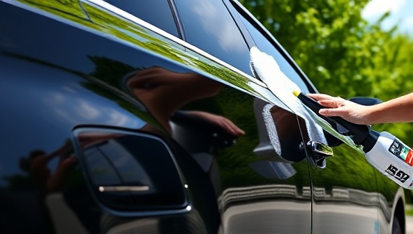 A shiny, clean car being meticulously detailed and polished using waterless cleaning products by a professional car cleaner, with a backdrop of green trees and clear skies, highlighting the eco-friendly and water-saving aspect of the service.