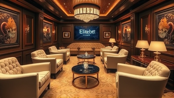 A sophisticated VIP lounge setting with plush seating, elegant decor, and personalized service for high-rolling players in the EliteBet Club, exuding an aura of luxury and exclusivity for elite members of the subscription-based gambling club.
