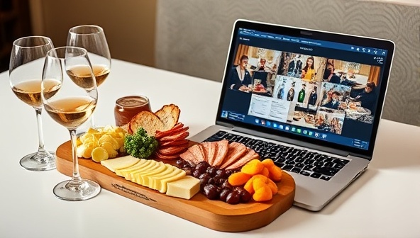 A virtual tasting setup with a beautifully arranged charcuterie board, elegant tasting glasses, and a laptop displaying a live tasting session, exuding sophistication and culinary exploration.