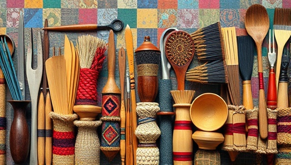 An artistic collage showcasing diverse craft tools, materials, and finished handmade products in a colorful and inspiring setting, evoking the essence of creativity, cultural heritage, and artisanal craftsmanship.