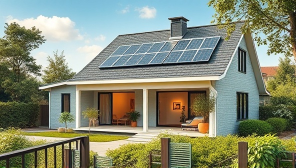 An image of a modern, eco-friendly home with smart devices controlling energy consumption, solar panels on the roof, and a lush green garden, illustrating a harmonious blend of technology and sustainability.