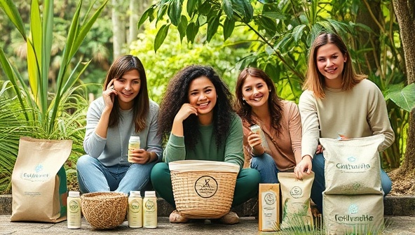An eco-friendly influencer campaign showcasing influencers promoting sustainable products in natural settings, surrounded by eco-conscious branding elements like recycled packaging and renewable materials, highlighting the authenticity and eco-friendly focus of EcoInfluence.