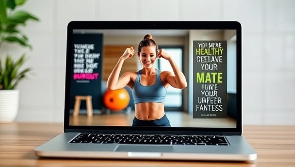 An energetic virtual workout session displayed on a laptop screen, featuring a fitness coach guiding a client through exercises, with motivational quotes and healthy snack options in the background, conveying a sense of vitality and inspiration.