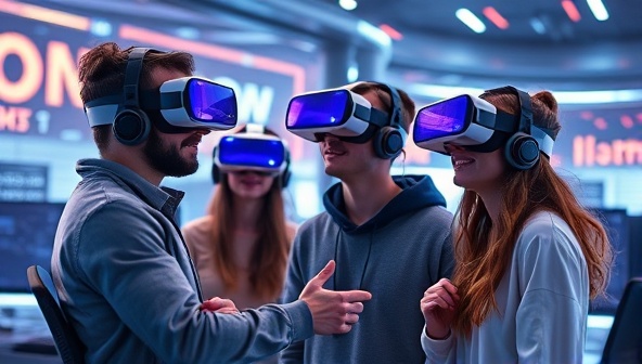 An imaginative visualization of a team of web designers wearing VR headsets, immersed in a digital VR environment, collaboratively shaping a website design in a futuristic and visually captivating setting.
