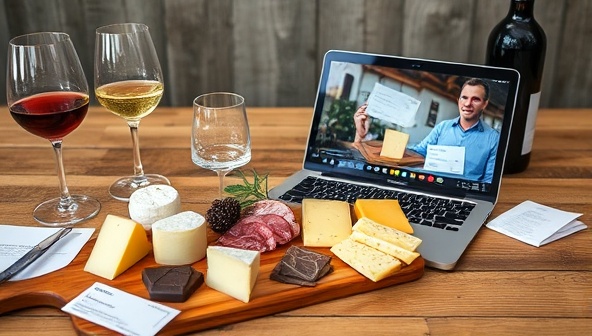 An inviting image of a virtual tasting session setup with a selection of artisanal cheeses, charcuterie, chocolates, and wine glasses arranged on a wooden board, accompanied by tasting notes and a laptop screen displaying a live host guiding participants through the flavor profiles and pairings, fostering a sensory and educational culinary experience.