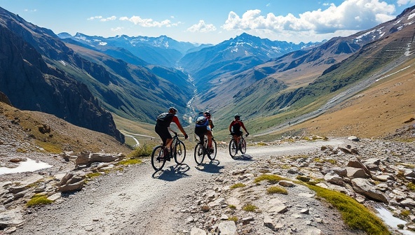 An adventurous cycling scene with a group of cyclists crossing a rugged mountain trail, surrounded by picturesque scenery and challenging terrain, encapsulating the thrill and excitement of the cycling expeditions.
