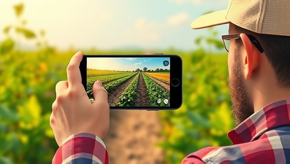 A vibrant digital illustration of a farmer using a smartphone to capture images of diseased crops, with AI algorithms analyzing the photos in real-time and suggesting treatment options, showcasing the seamless integration of technology in agriculture.