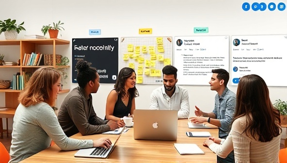 A dynamic virtual workspace featuring a diverse group of writers collaborating on projects, with creative brainstorming sessions, virtual sticky notes, and a real-time chat interface, illustrating the seamless and efficient freelance writing process facilitated by PenPal Connect.