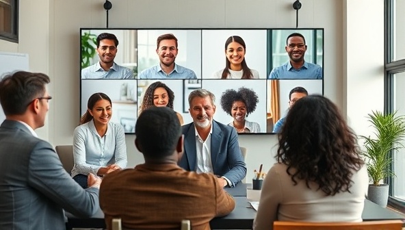 A diverse group of professionals engaged in a virtual diversity training session, interacting with each other respectfully and collaboratively, a facilitator leading the session, and a welcoming and inclusive virtual training environment, promoting the importance of diversity and inclusion training consulting.