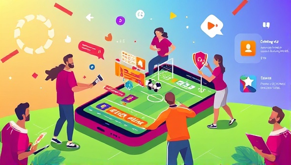 A vibrant and dynamic illustration of users interacting on a mobile app interface, placing virtual bets and challenging each other on sports events, with social features like likes, comments, and shared achievements visible, showcasing the community-driven and engaging nature of the social betting app.