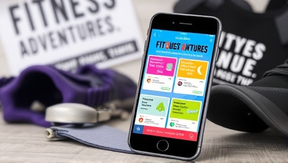 An image of a smartphone displaying the FitQuest Adventures app interface with colorful workout challenges, progress bars, and virtual rewards, surrounded by fitness gear and motivational posters, illustrating the gamified fitness experience offered by the app.