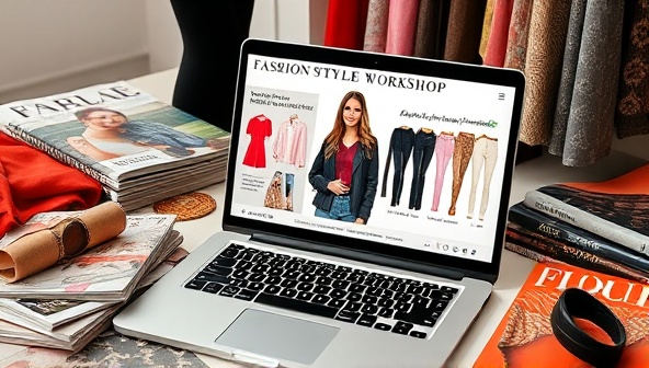 An online fashion styling workshop displayed on a laptop screen featuring a stylist demonstrating outfit combinations and color coordination tips, surrounded by fashion magazines, fabric swatches, and accessory samples, creating a vibrant and inspirational styling environment.