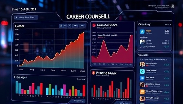 A futuristic digital interface displaying career graphs, skill recommendations, and job opportunities, symbolizing cutting-edge AI technology in career counseling.