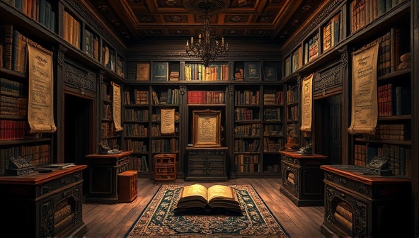 An intricately designed escape room setting resembling a library with hidden compartments, parchment scrolls, and mysterious artifacts, inviting players to embark on a literary adventure filled with puzzles and surprises.