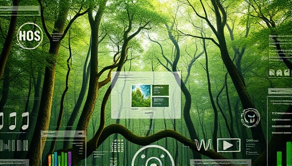 An artistic representation of a digital forest intertwined with website elements, symbolizing the harmony between nature and technology in sustainable web design, with a focus on eco-friendly aesthetics and green branding.