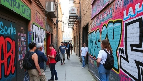 An urban alleyway adorned with colorful murals and graffiti artworks, a tour guide pointing out details and sharing stories about the artists behind the creations, capturing the vibrant and eclectic atmosphere of Graffiti Quest Tours' Urban Street Art Tours.