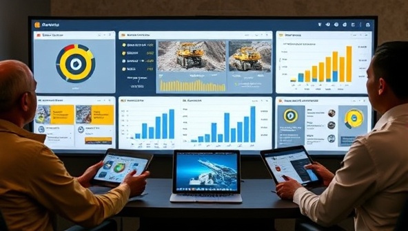 An interactive dashboard displaying key mining operational metrics and live equipment statuses, accessible remotely on multiple devices, with a team of mining professionals analyzing data and making informed decisions using RemoteMine Ops, showcasing the power of remote mine management.