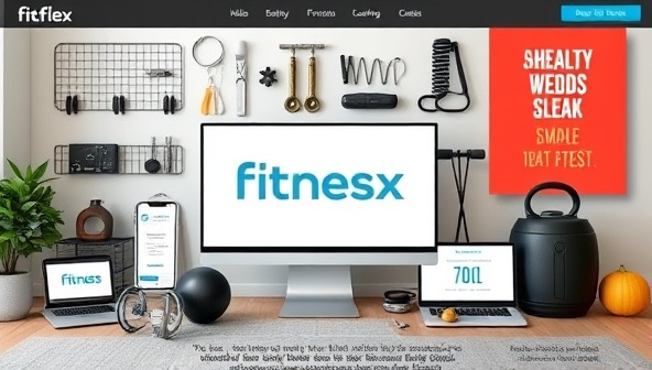 An array of digital fitness tools, workout equipment, healthy meal options, and motivational quotes displayed on a virtual fitness coaching platform interface, illustrating the convenience and expertise of FitFlex Virtual Coaching in helping clients achieve their fitness goals from the comfort of their homes.