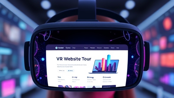 An engaging VR headset displaying a virtual website tour, with vibrant digital visuals and interactive elements, illustrating the immersive and futuristic nature of VR Web Tours.