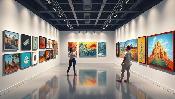 An artistic visualization of ArtVista's virtual gallery space, featuring a diverse selection of artworks displayed on digital walls, with interactive elements for users to explore and engage with each piece, creating a vibrant and immersive art viewing experience in a digital realm.