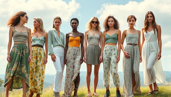 An artistic depiction of a sustainable fashion collection featuring eco-friendly fabrics, recycled materials, and nature-inspired designs, with models showcasing the clothing in a serene outdoor setting, symbolizing the harmony between fashion and sustainability embodied by EcoChic Threads.