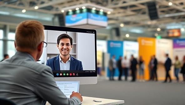 An online career coaching session where a consultant provides feedback on a client's resume and discusses personalized career strategies via a video call, with a virtual job fair in the background, symbolizing career growth and opportunities.