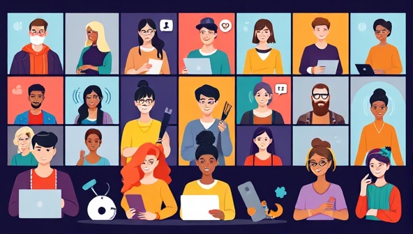 A digital platform interface showcasing a vibrant online community hub with diverse avatars of remote workers and digital nomads connecting virtually, participating in discussions, sharing resources, and collaborating on projects, promoting a sense of unity and collaboration.