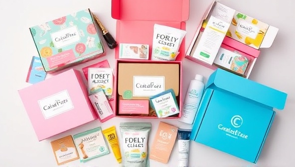 An array of curated subscription boxes showcasing different themes like wellness, beauty, and hobbies, arranged in an aesthetically pleasing flat lay with colorful packaging and product samples, inviting viewers to explore the world of CuratedCraze Boxes.