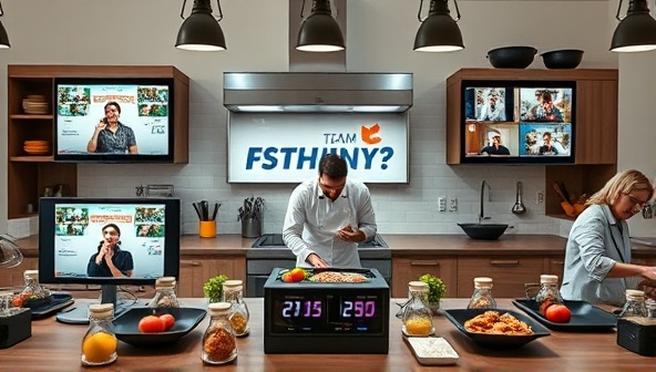 A dynamic virtual kitchen setting with multiple screens showing remote team members engaged in a collaborative cooking challenge, surrounded by ingredients, cooking utensils, and digital timers, illustrating the interactive and team-building nature of Culinary Team Fusion's virtual workshops.