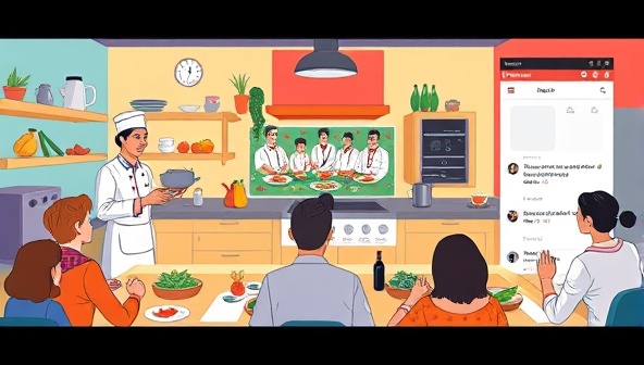 A colorful digital illustration showcasing a virtual cooking class setting with chefs demonstrating cooking techniques, participants following along in their kitchens, and a virtual chat window for interaction and questions, creating a dynamic and engaging culinary learning experience.