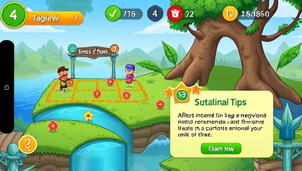 An engaging mobile game screenshot featuring colorful eco-friendly characters, interactive environmental challenges, and educational pop-ups on sustainability tips, encouraging players to make eco-conscious choices and learn about environmental preservation while having fun in a vibrant and immersive game world.