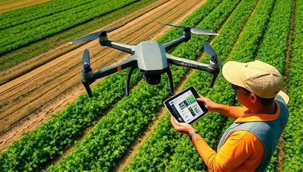 A precision agriculture drone flying over lush farmland, capturing detailed aerial imagery and data, with a farmer analyzing crop health indicators on a tablet, showcasing the benefits of drone technology in modern agriculture for optimized crop management.