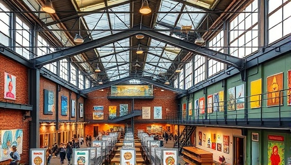 An industrial warehouse transformed into a vibrant mixed-use space, featuring art galleries, co-working areas, and retail shops, bustling with activity and creativity, illustrating the successful adaptive reuse of an industrial structure into a dynamic community hub.