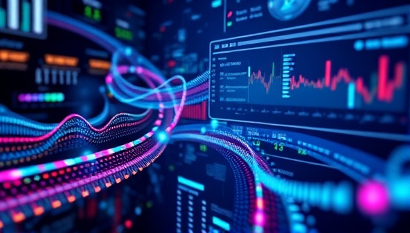 An abstract visualization of data streams flowing into a website interface, with performance metrics and optimization indicators displayed in real-time, symbolizing the dynamic and data-focused approach of DataOptimize Web's website performance optimization services.