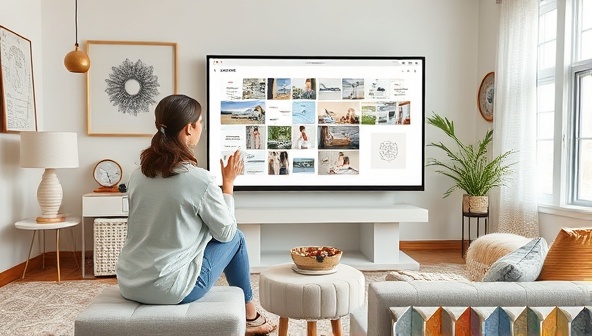 An artistic representation of a virtual interior design consultation session, with a designer presenting mood boards and layout suggestions on a digital screen, surrounded by elements of home decor and fabric swatches, creating a visually appealing and inspirational atmosphere.