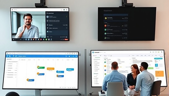 A virtual office setup with multiple screens displaying remote work tools, a consultant providing advice via video call, a digital Kanban board for project management, and a team collaborating on a shared virtual workspace, illustrating the efficiency and collaboration in remote business operations.