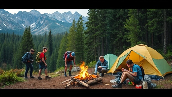 An outdoor expedition scene with teens hiking through a lush forest, setting up tents at a campsite, cooking over a campfire, and participating in team-building activities, surrounded by majestic nature views and a sense of camaraderie and adventure, capturing the essence of outdoor education and wilderness exploration.