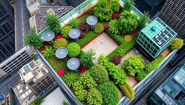 An aerial view of a vibrant and lush rooftop garden installed on a city skyscraper, highlighting the beauty and functionality of urban green spaces.