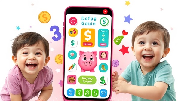 An engaging and colorful app interface with playful animations, cute piggy bank characters, and educational mini-games, surrounded by happy children interacting with the app, conveying a fun and educational money-saving experience for kids.