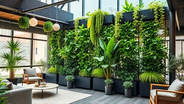 An indoor urban setting featuring a stylish vertical garden system with lush green plants growing in modular planters, surrounded by modern furniture and decor, creating a harmonious and green living space that blends nature with urban design.