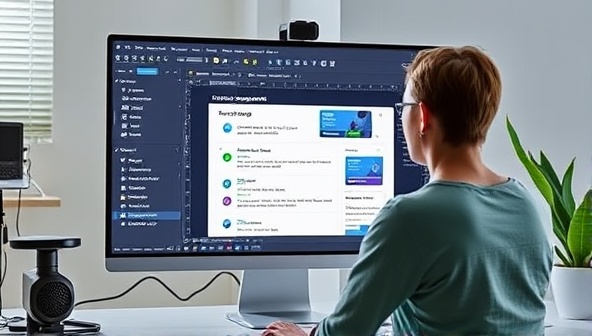 An AI-powered virtual assistant interface interacting with a designer on a computer screen, showcasing design suggestions, task automation features, and real-time feedback mechanisms, conveying the efficiency and support provided by the AI service in web design workflows.