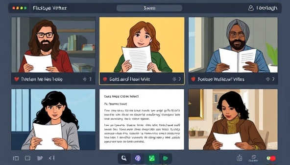 A virtual critique group session featuring diverse writers sharing their work on screen, providing feedback through chat and video conferencing, and engaging in a lively discussion about writing techniques and storytelling, showcasing the collaborative and supportive environment of the platform.
