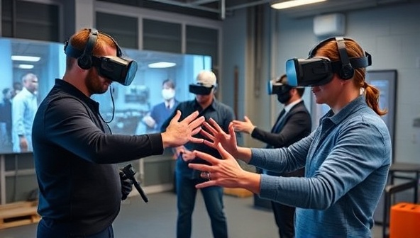 An engaging virtual reality training simulation where employees are actively participating in a hands-on learning experience, interacting with virtual scenarios, equipment, and challenges, highlighting the immersive and practical nature of VR training with VirtuSkill.