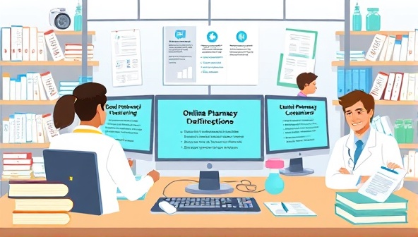A digital learning environment illustration featuring pharmacists and healthcare professionals engaging in interactive compliance training modules on computer screens, surrounded by textbooks, regulatory documents, and pharmaceutical guidelines, emphasizing the importance of online pharmacy compliance training.