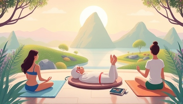 An illustration of a serene virtual oasis within MindfulPlay Haven, featuring digital avatars engaging in calming activities like meditation, yoga poses, and relaxing games, set against a tranquil backdrop of nature scenes and soothing music, promoting mental well-being and mindfulness practices in a gaming environment.