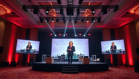 An elegant virtual event setup with a dynamic stage, professional lighting, and multiple screens displaying the event planner coordinating with clients and vendors, conveying sophistication and seamless event execution.
