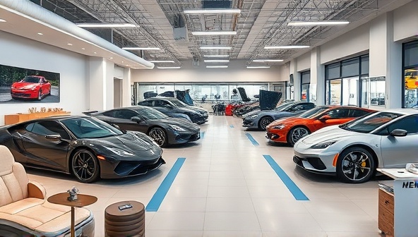 A modern car wellness center interior with sleek car models on display, a relaxation area with massage chairs, and a service bay showcasing maintenance work in progress, blending luxury and automotive care.